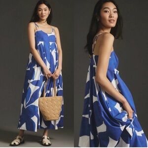 Anthropologie Sleeveless Babydoll Maxi Dress Blue White Small